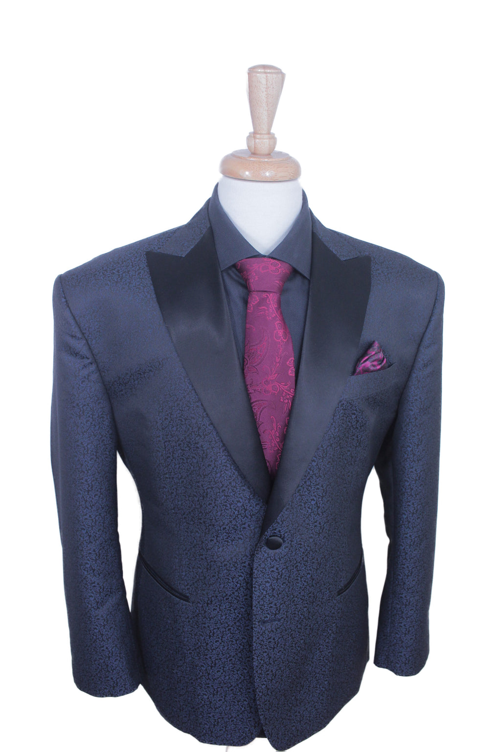 NAVY FLORAL PATTERN SINGLE BREATSED TUXEDO JACKET